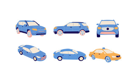 Set of blue and yellow cars in flat style. Vector illustration.のイラスト素材