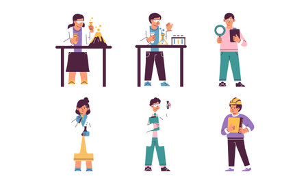 Teacher and student at school set. Male and female teacher in classroom. Vector illustration in flat styleのイラスト素材