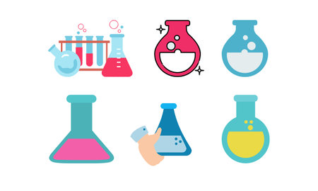 Flat chemistry icons set. Lab glassware, test tubes, flasks, beaker, flask. Vector illustrationのイラスト素材