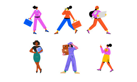 Vector illustration of a set of business women in different poses and gestures.のイラスト素材