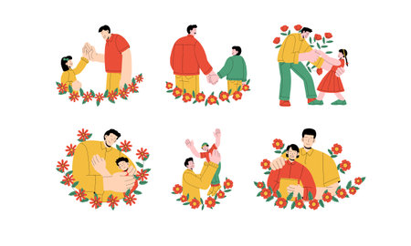 Happy family, mother, father, son, daughter and son in floral wreaths. Flat vector illustration.のイラスト素材