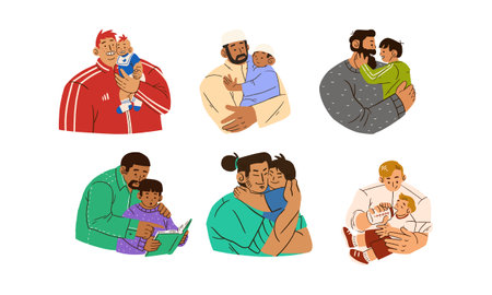 Happy family, father, mother, son and daughter hugging each other. Vector illustrationのイラスト素材