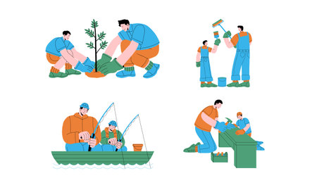 Fishermen planting trees set, flat vector illustration isolated on white background.のイラスト素材