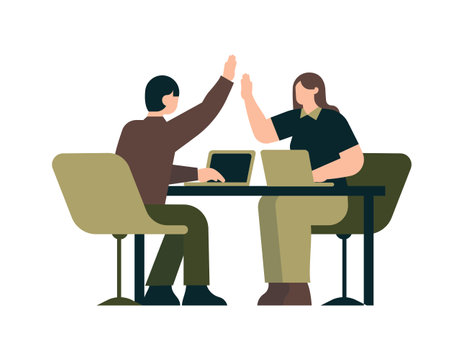 Man and woman sitting at the table with laptop and giving high five. Flat vector illustration.のイラスト素材