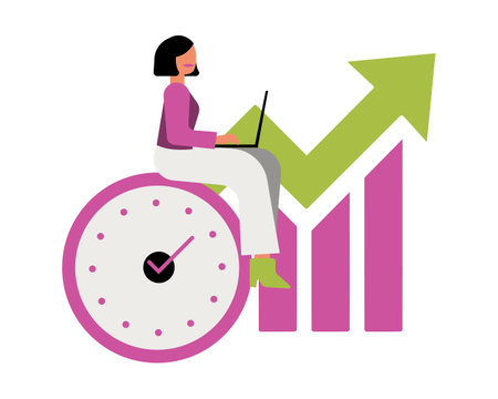 businesswoman using laptop with arrow up and clock vector illustration desingのイラスト素材