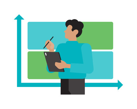 Businessman writing on a whiteboard. Flat style vector illustration.のイラスト素材