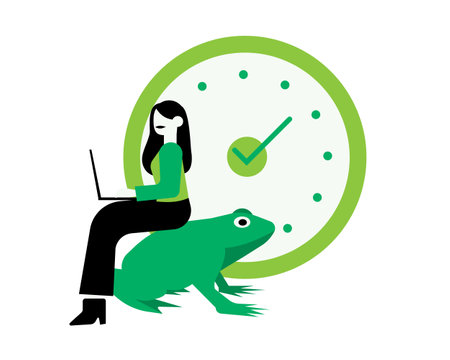 Frog and woman with laptop. Time management concept. Vector illustrationのイラスト素材