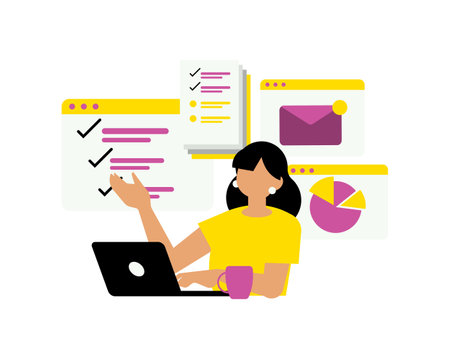 Business woman working on laptop. Vector illustration in a flat style.のイラスト素材