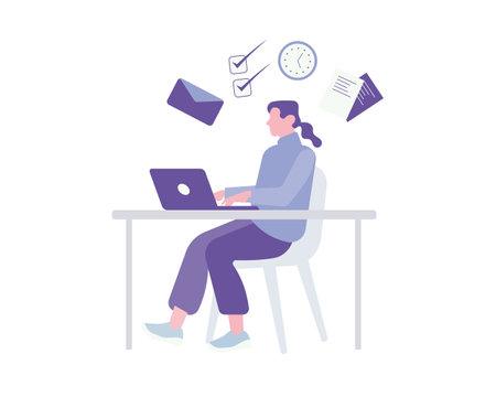 Woman working on laptop at office. Freelance, remote work concept. Vector illustration in flat styleのイラスト素材
