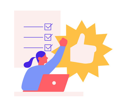 Approve concept vector illustration in flat style. Man with laptop and paper sheet showing thumbs upのイラスト素材