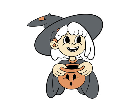 Cute cartoon witch with a pot of potion. Vector illustration.. stickerのイラスト素材
