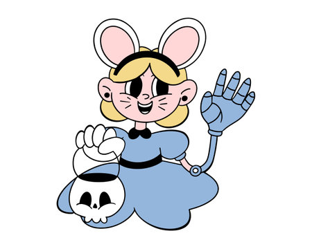 Cute cartoon girl with a skeleton in the form of a mouse. stickerのイラスト素材