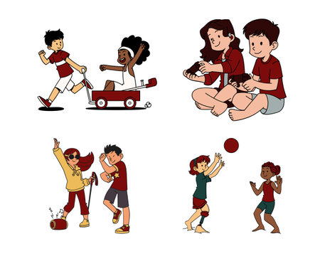 Set of people playing soccer, football, basketball, baseball, volleyball. Vector illustrationのイラスト素材