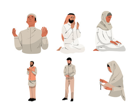 Set of muslim man in traditional clothes praying. Vector illustration.のイラスト素材