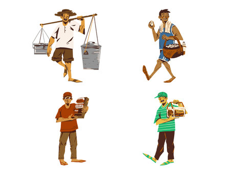 Set of vector illustrations of a farmer with a basket of food.のイラスト素材