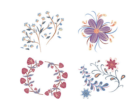Vector set of floral wreaths. Hand drawn flowers and leaves.のイラスト素材