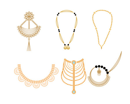 Set of gold necklaces and earrings. Vector illustration.のイラスト素材