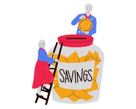 Senior man and woman with a jar of savings. Vector illustration.のイラスト素材