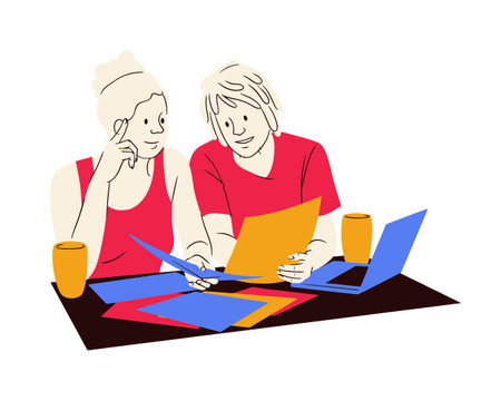 Illustration of two women sitting at the table and working on a laptopのイラスト素材
