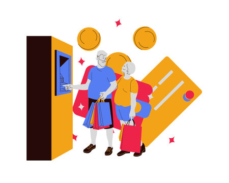 Elderly couple with shopping bags at the ATM. Flat vector illustration.のイラスト素材
