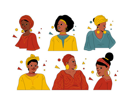 Vector illustration of a group of African women in traditional clothes. Flat style.のイラスト素材