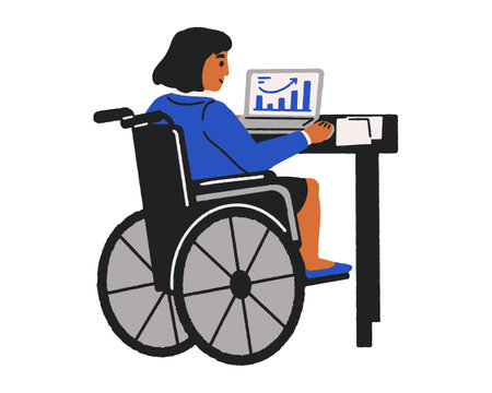 Handicapped woman in wheelchair with laptop. Vector flat illustration.のイラスト素材