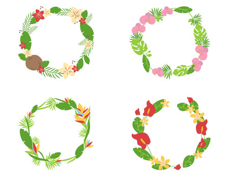 Set of wreaths with tropical leaves and flowers. Vector illustrationのイラスト素材