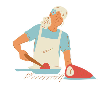 Elderly woman cooking meat in kitchen. Flat vector illustration.のイラスト素材