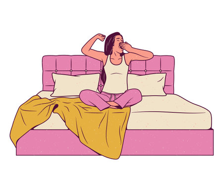woman sleeping  in the bed and yawning over white background, vector illustrationのイラスト素材