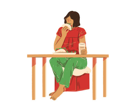 Illustration of a woman sitting at a table and eating a hamburgerのイラスト素材