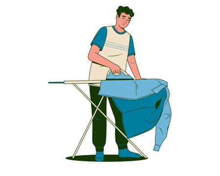 Illustration of a man ironing clothes on an ironing boardのイラスト素材