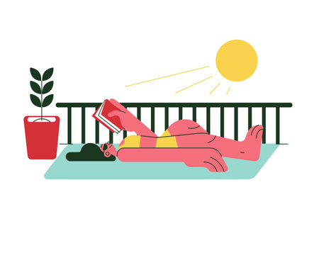 Relaxing on the balcony at home. Flat vector illustration.のイラスト素材