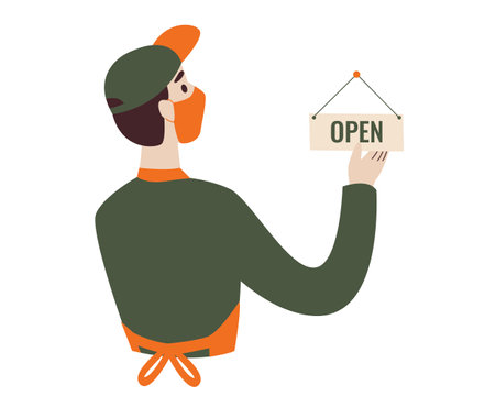 Man holding open sign in his hand icon. Flat vector illustration isolated on white background.のイラスト素材