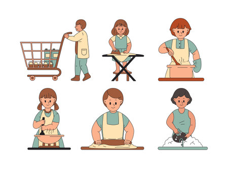 Set of people in apron kneading dough. Vector illustration.のイラスト素材