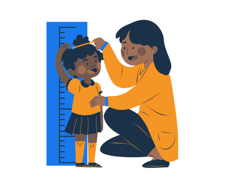 Mother helping her daughter to measure height, flat vector illustration isolated.のイラスト素材