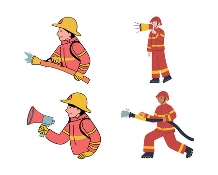 Firefighter in different situations. Fireman, fireman,  Vector illustrationのイラスト素材