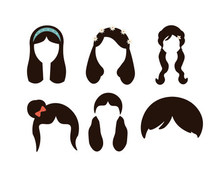 set of hairstyles for a girl with long hair, vector illustrationのイラスト素材