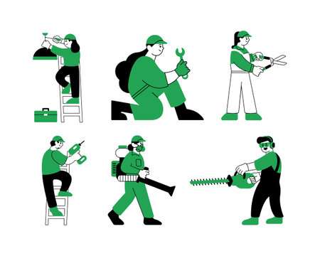 Set of men and women in uniform with tools. Vector illustration.のイラスト素材