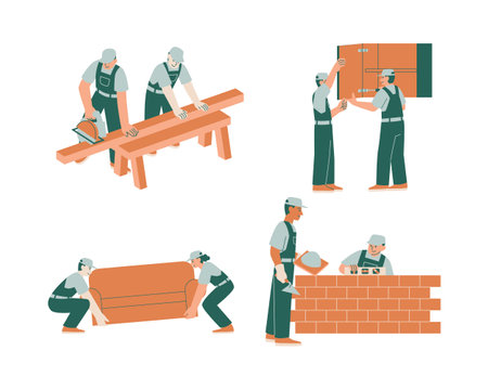 Vector illustration of a set of workers building a brick wall. Flat style.のイラスト素材