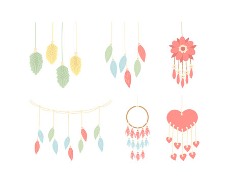 Set of hand drawn dreamcatchers with feathers and hearts. Vector illustrationのイラスト素材