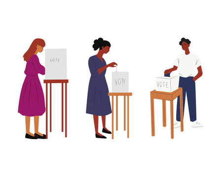 People voting in elections. Male and female candidates. Vector illustration.のイラスト素材