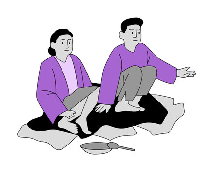 Illustration of two men sitting on the floor and looking at the panのイラスト素材