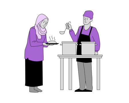 Muslim couple cooking in the kitchen. Vector illustration in flat style.のイラスト素材