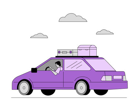Illustration of a man with suitcases on the roof of a purple carのイラスト素材