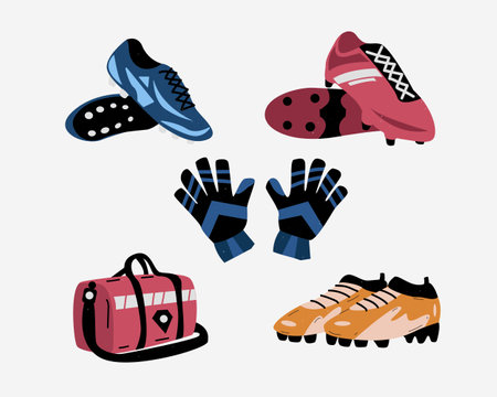 Set of sport shoes and gloves. Vector illustration in flat style.のイラスト素材