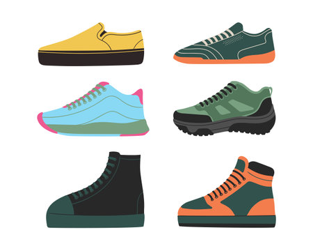 Set of sneakers. Vector illustration in flat style. Isolated on white background.のイラスト素材