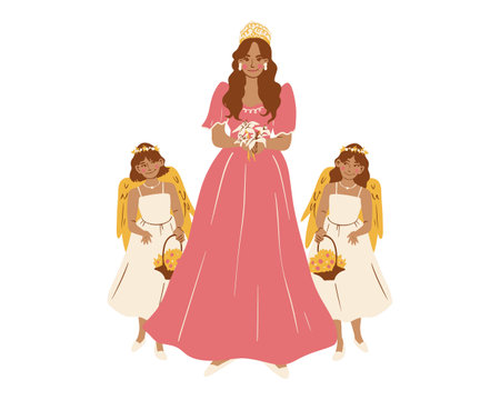 Vector illustration of a beautiful bride and her bridesmaids.のイラスト素材