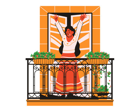 Balcony with woman on terrace. Flat vector illustration.のイラスト素材