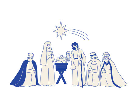 christmas nativity scene with holy family, merry christmas vector illustration designのイラスト素材