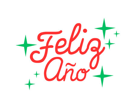 Feliz Ano. Christmas greeting card. Hand drawn lettering. Vector illustration.のイラスト素材